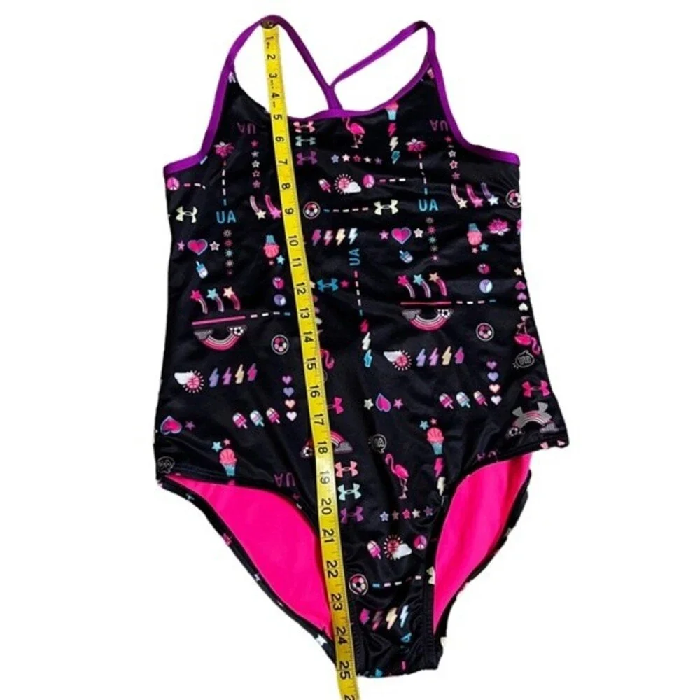 Under Armour One Piece Swimsuit Size 16 Black Hot Pink Modest Lined Graphic